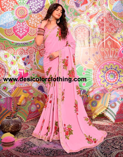 Pink Georgette Printed Saree