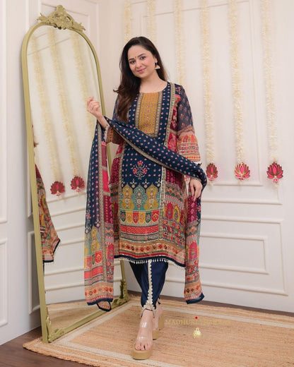Product Image - Premium Chinnon Suit Set with Hand Embroidery and Digital Print Dupatta