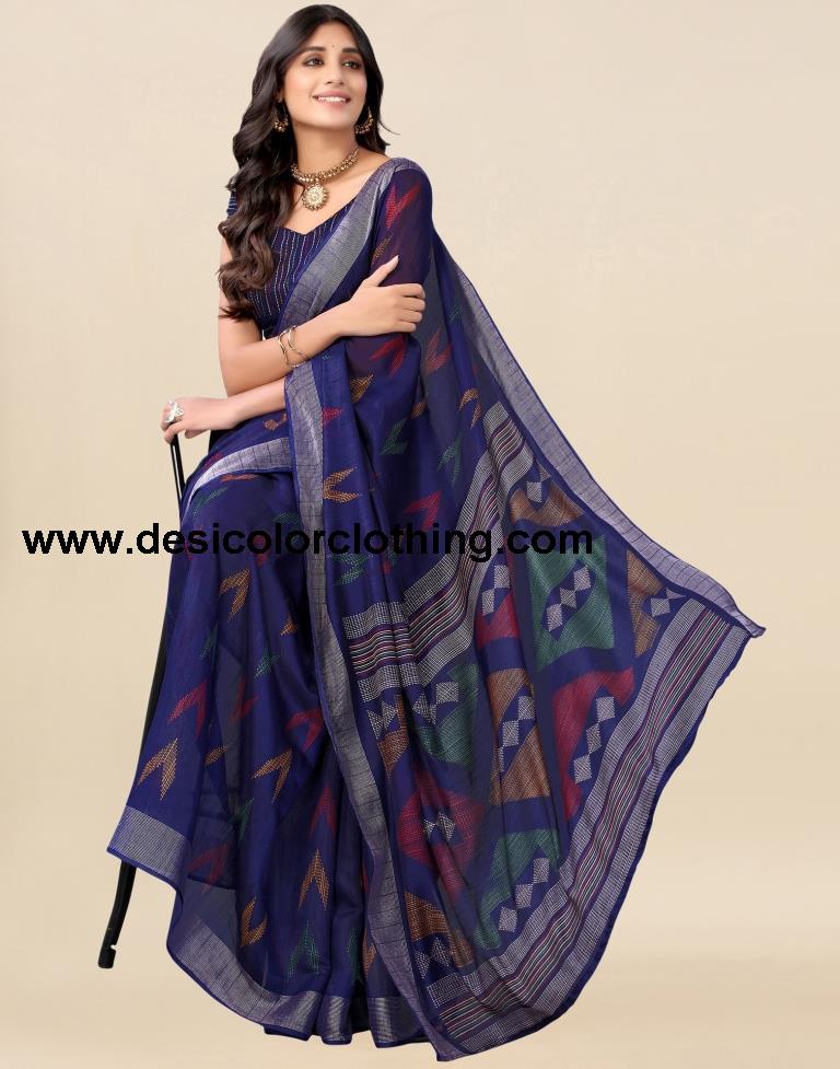 Dark Blue Cotton Printed Saree