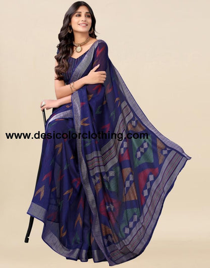 Dark Blue Cotton Printed Saree