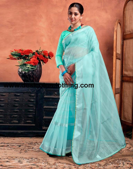 Sky Blue Orgenza Plain Saree