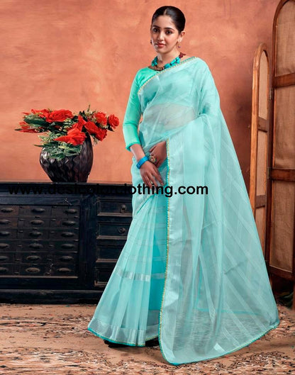 Sky Blue Orgenza Plain Saree