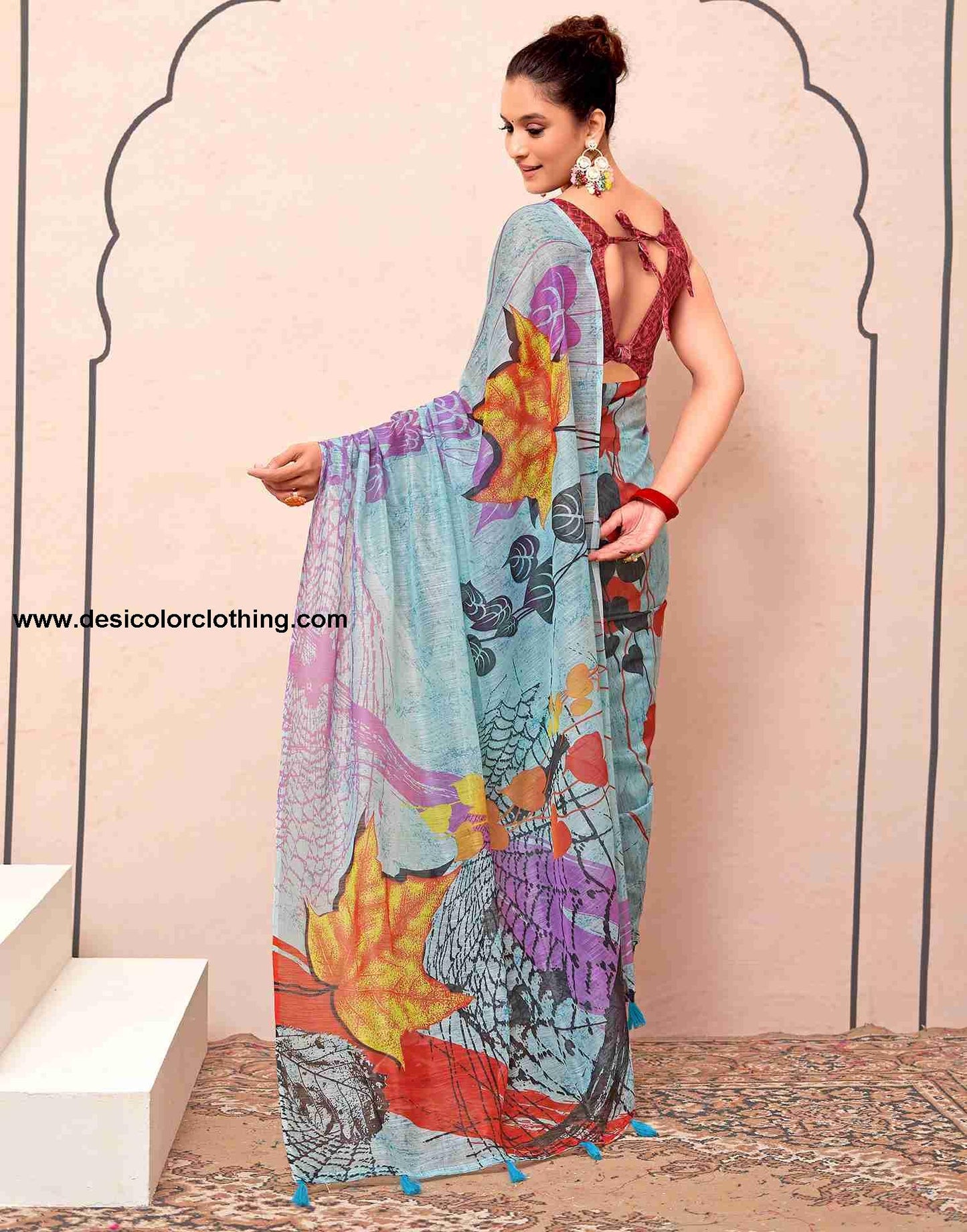 Blue Cotton Printed Saree