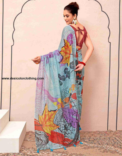 Blue Cotton Printed Saree