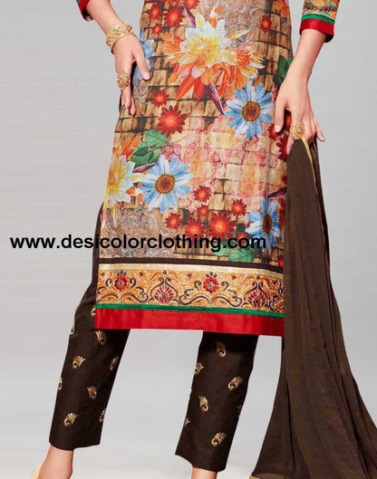 Brown Cotton Printed Embroidered Unstitched Salwar Suit