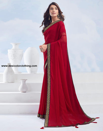 Red Plain Georgette Saree