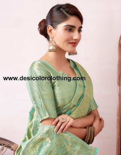 Turquoise Organza Woven Saree