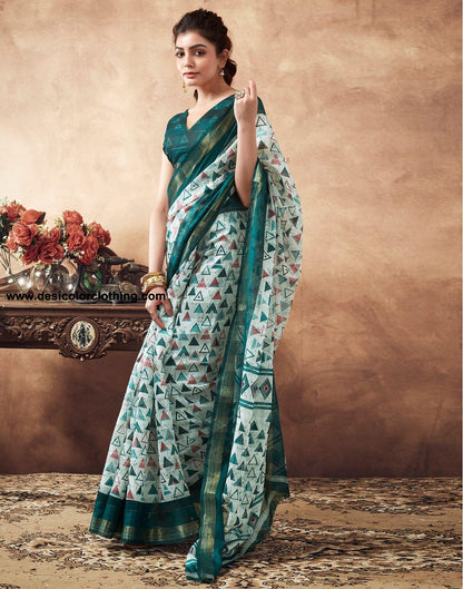 White Printed Cotton Saree