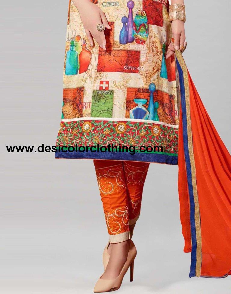 Orange Cotton Printed Embroidered Unstitched Salwar Suit
