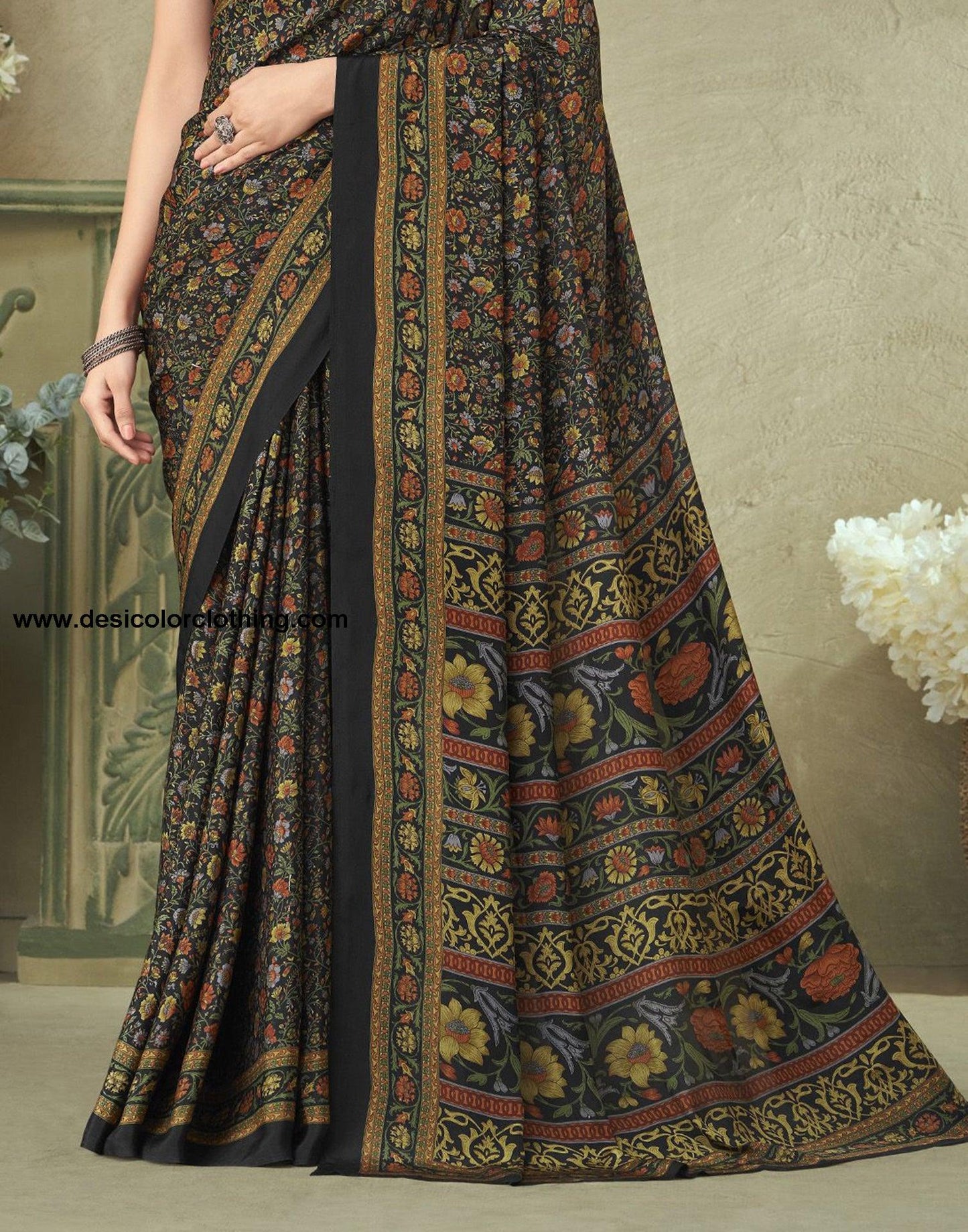 Black And Multicoloured Silk Floral Printed Saree