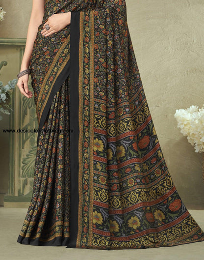 Black And Multicoloured Silk Floral Printed Saree