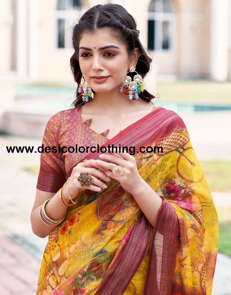 Turmeric Yellow Linen Printed Sarees
