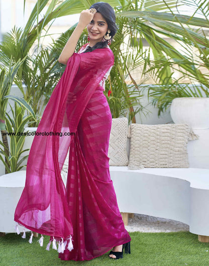 Rani Pink Chiffon Zari Plain Saree