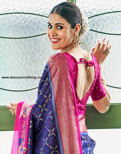 Dark Blue Silk Printed Saree