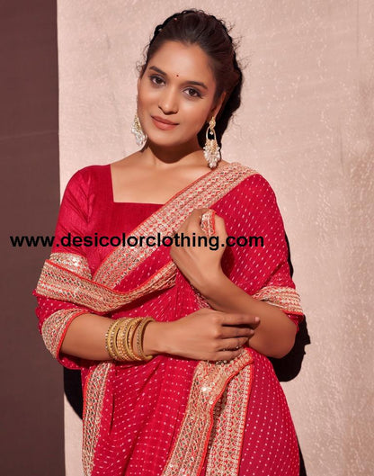Deep Red Georgette Embroidery Saree
