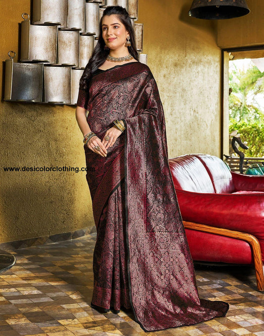 Black and Wine Jacquard Silk Saree