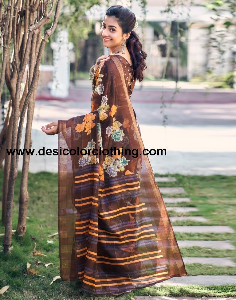 Dark Brown Cotton Printed Saree