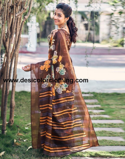 Dark Brown Cotton Printed Saree
