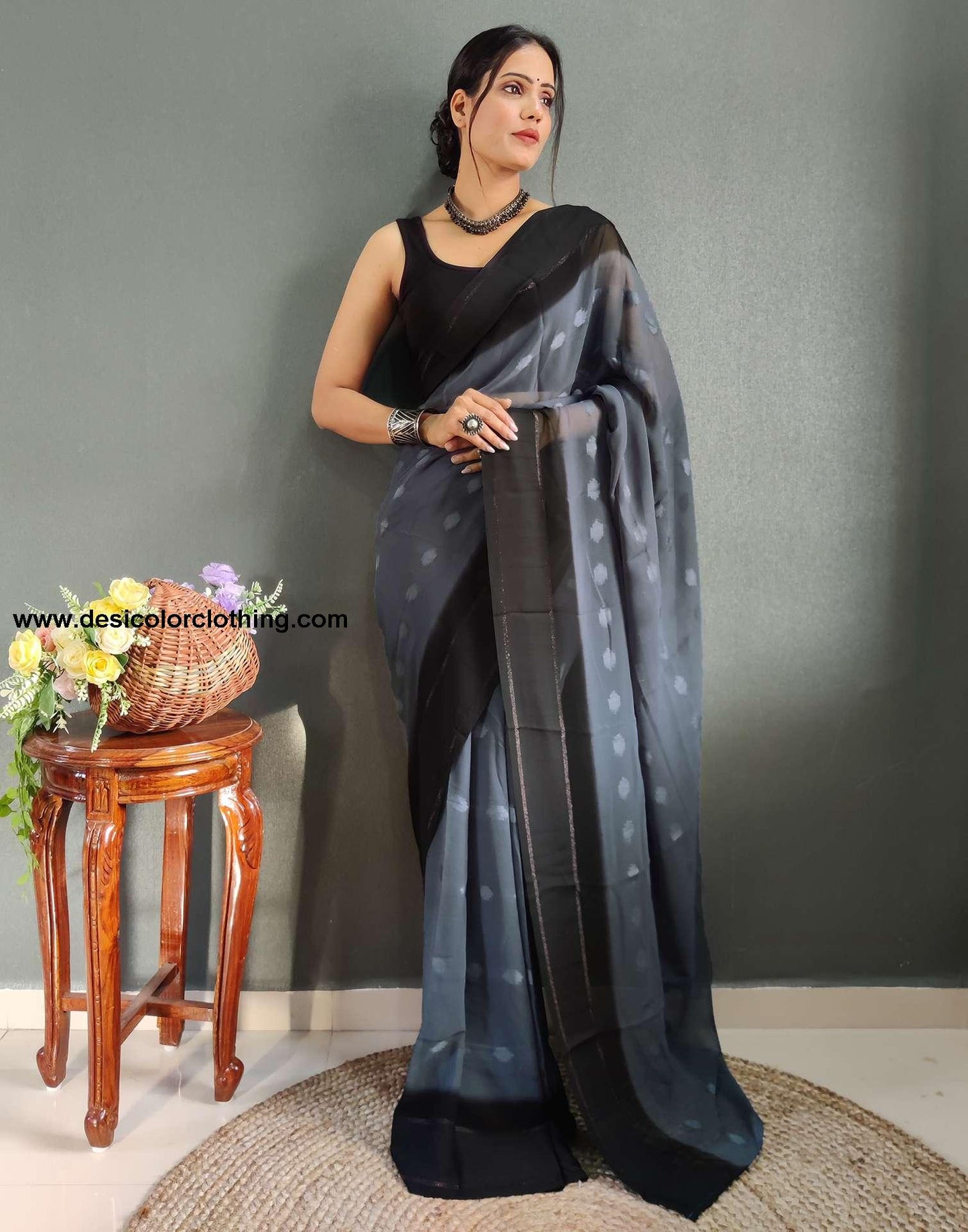 Steel Blue Plain Georgette Pre-draped Saree