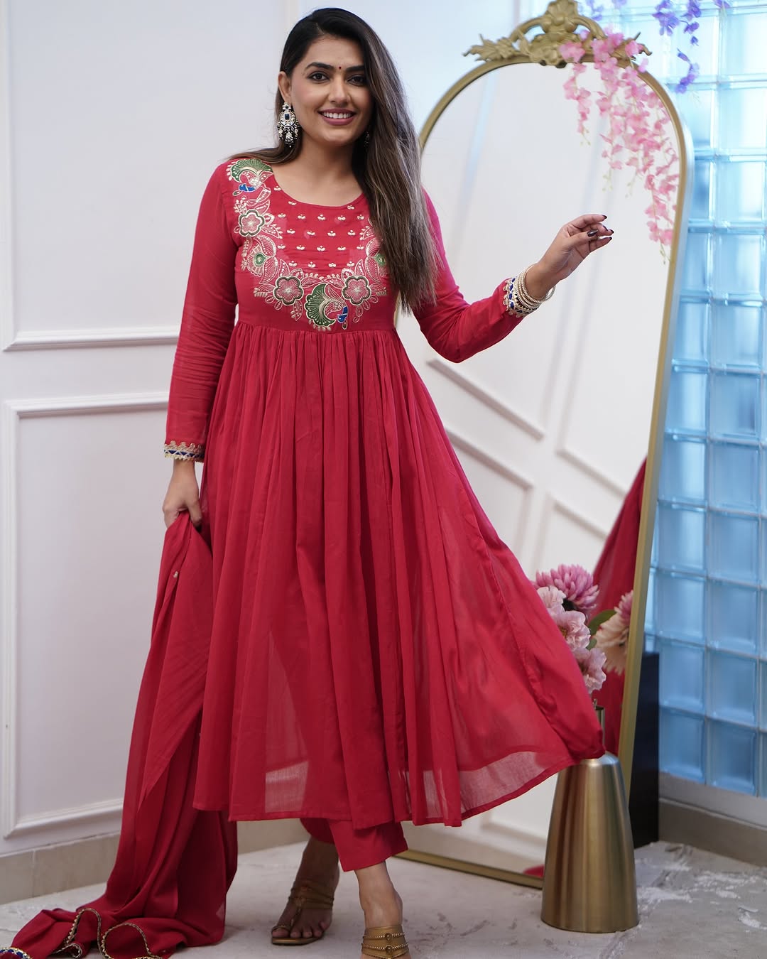 Product Image - Designer Cotton Anarkali Suit Set with Embroidered Dupatta - Festive & Wedding Wear