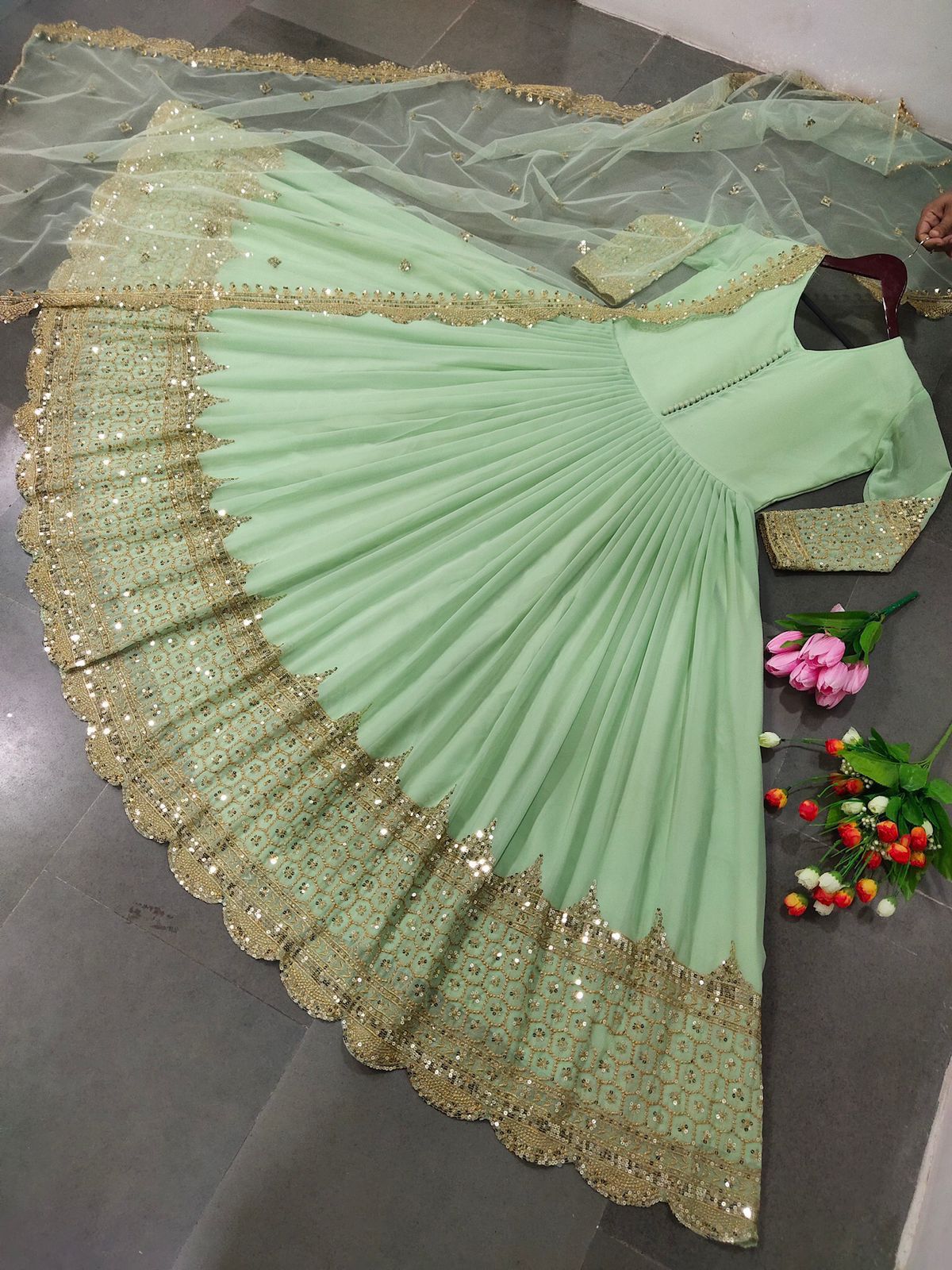 Product Image - Designer Party Wear Gown with Georgette Fabric & Embroidery
