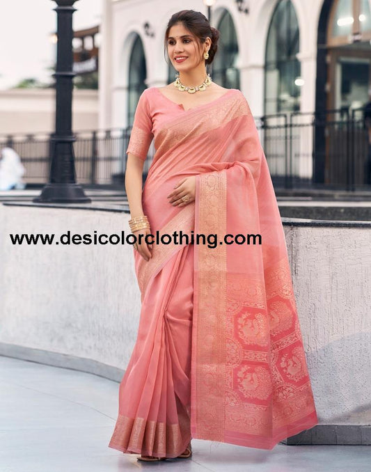 Rose Pink Organza Woven Saree
