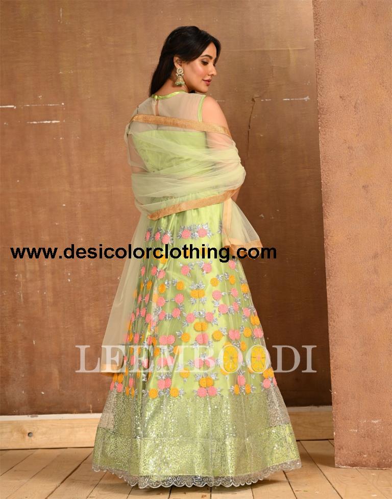 Pista Cream Coloured Net Sequence Embroidered Partywear Lehenga  | SLV125L10496