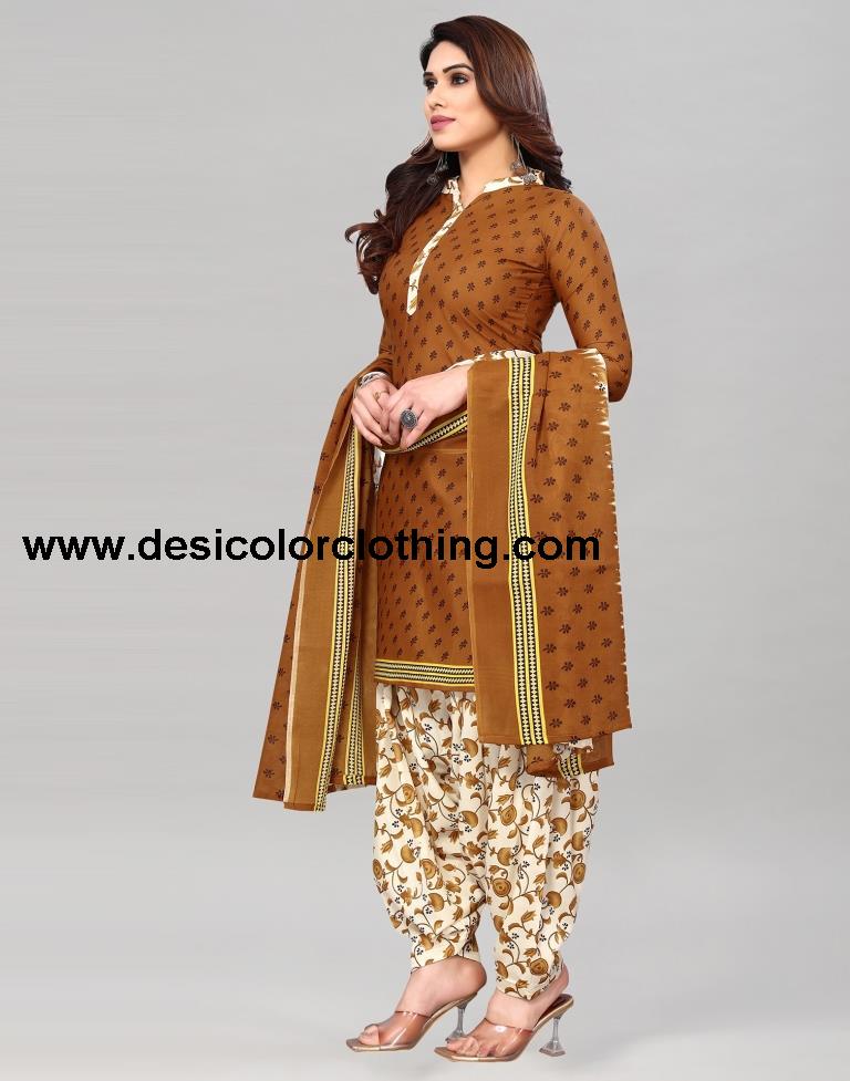 Brown Printed Cotton Unstitched Salwar Suit Material