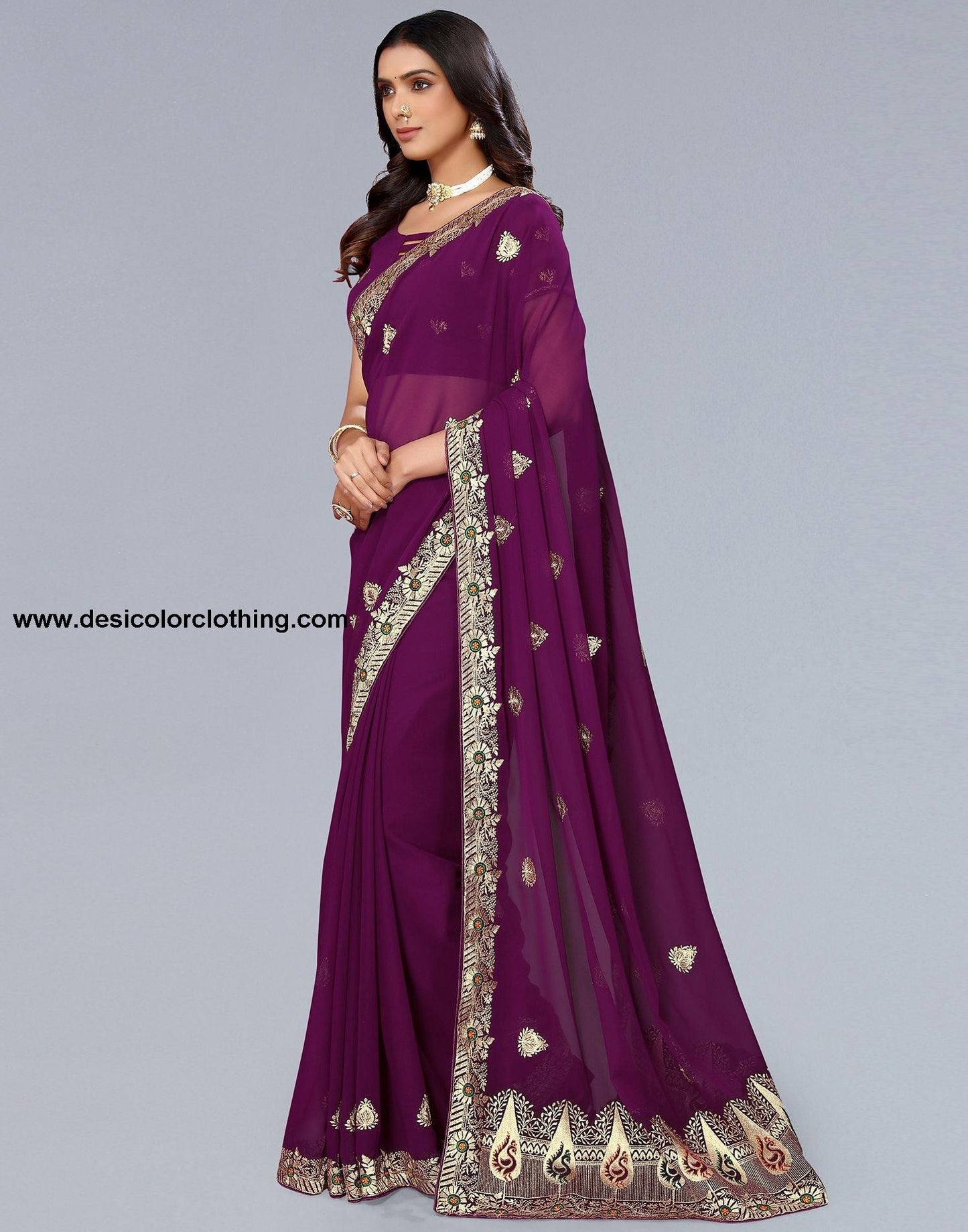 Wine Embroidery Saree