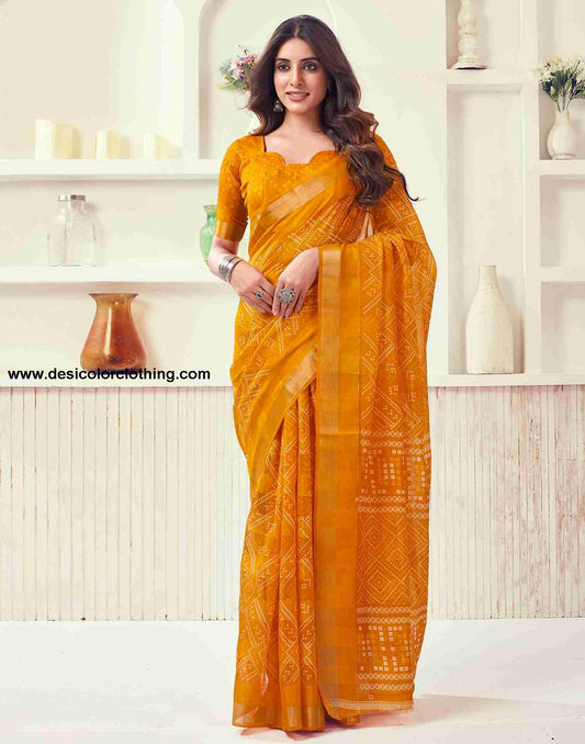 Yellow Cotton Printed Saree