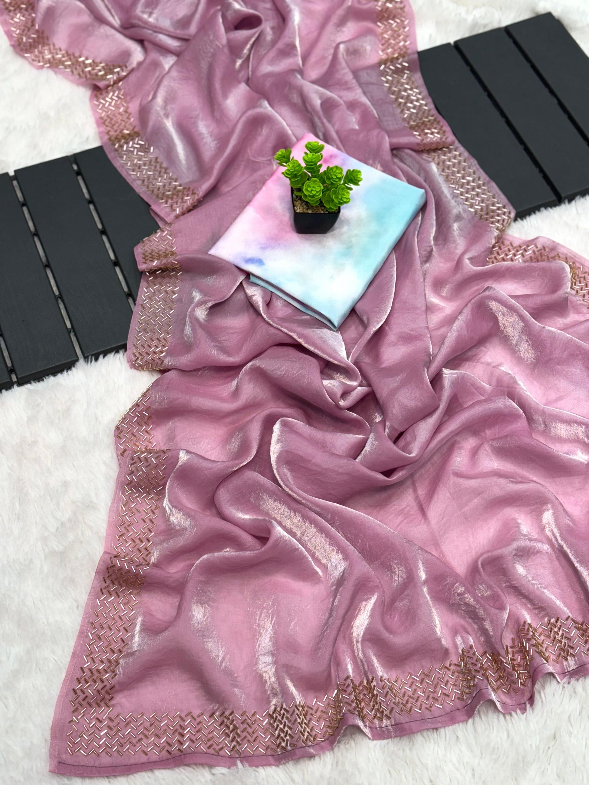 Product Image - Designer Hand Beads Work Saree - Pure Tissue Simari Soft Fendy Saree