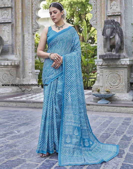 Blue Printed Cotton Leheriya Saree
