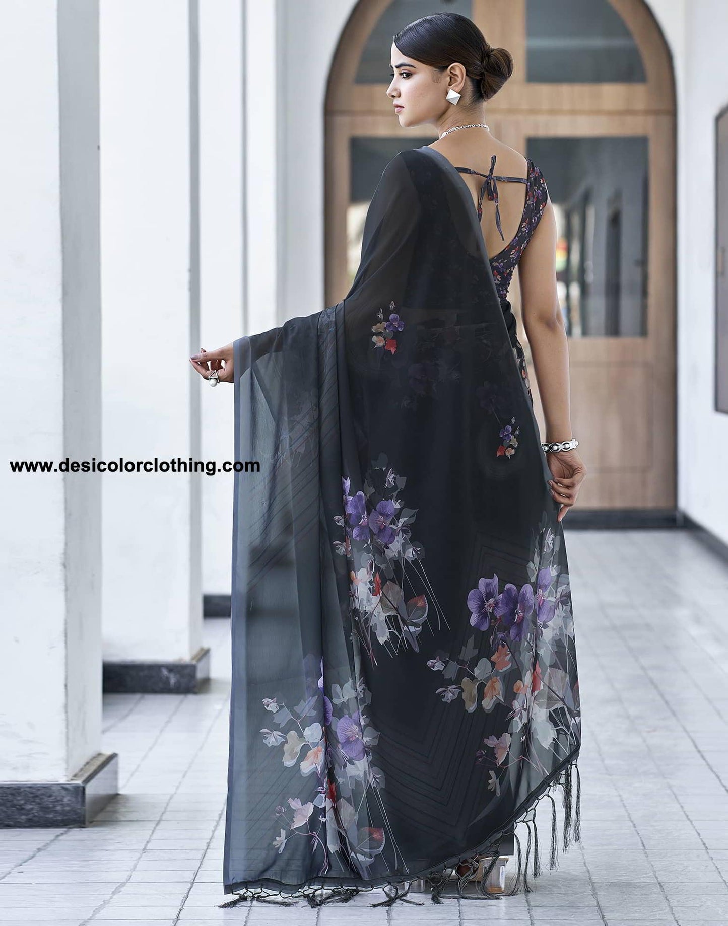 Black Printed Georgette Saree