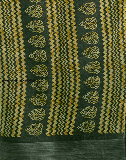 Dark Green Cotton Printed Saree