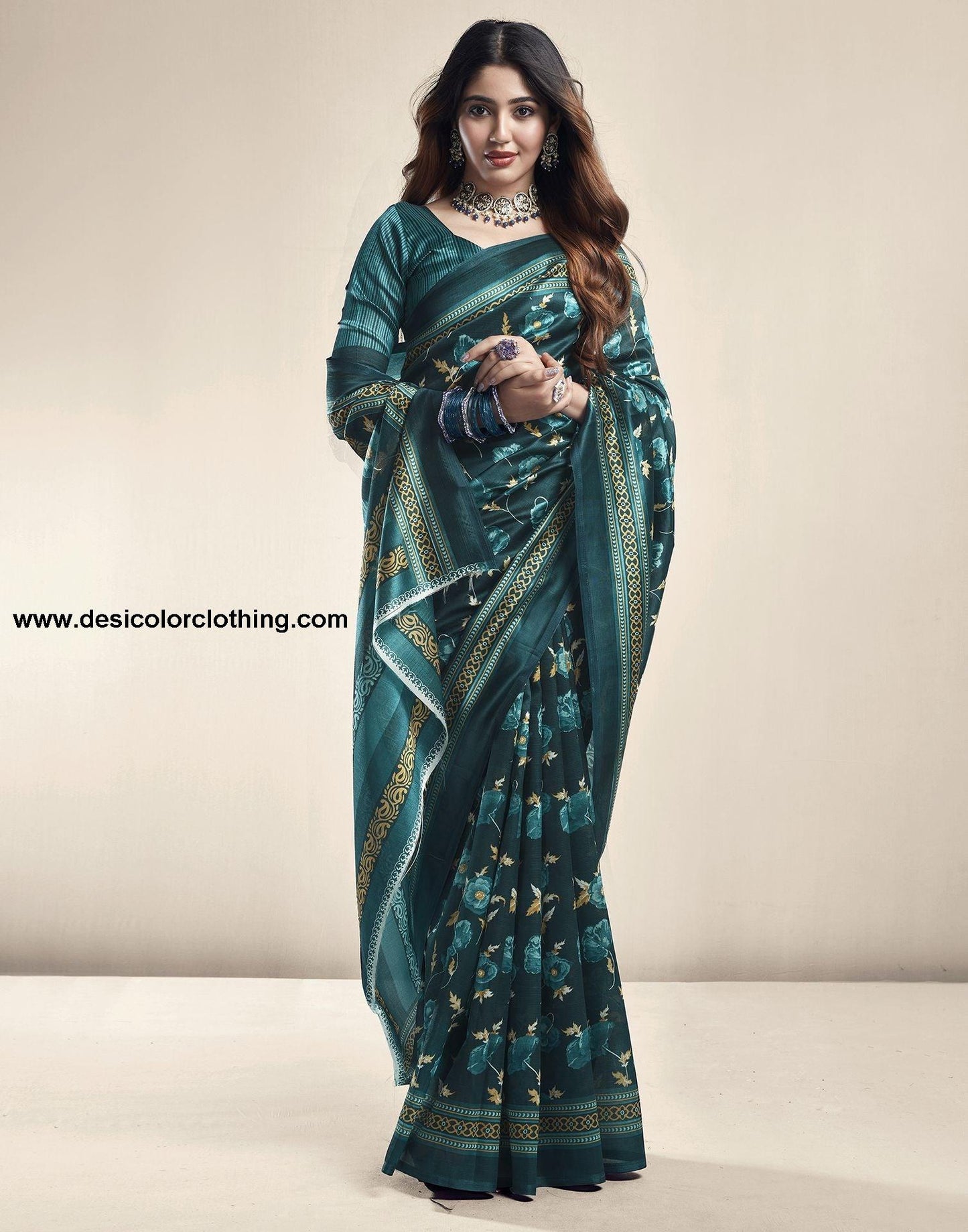 Dark Green Printed Silk Saree