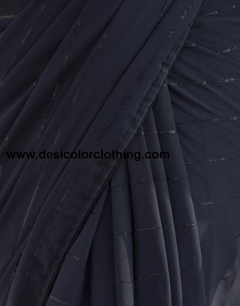 Dark Navy Blue Plain Georgette Saree