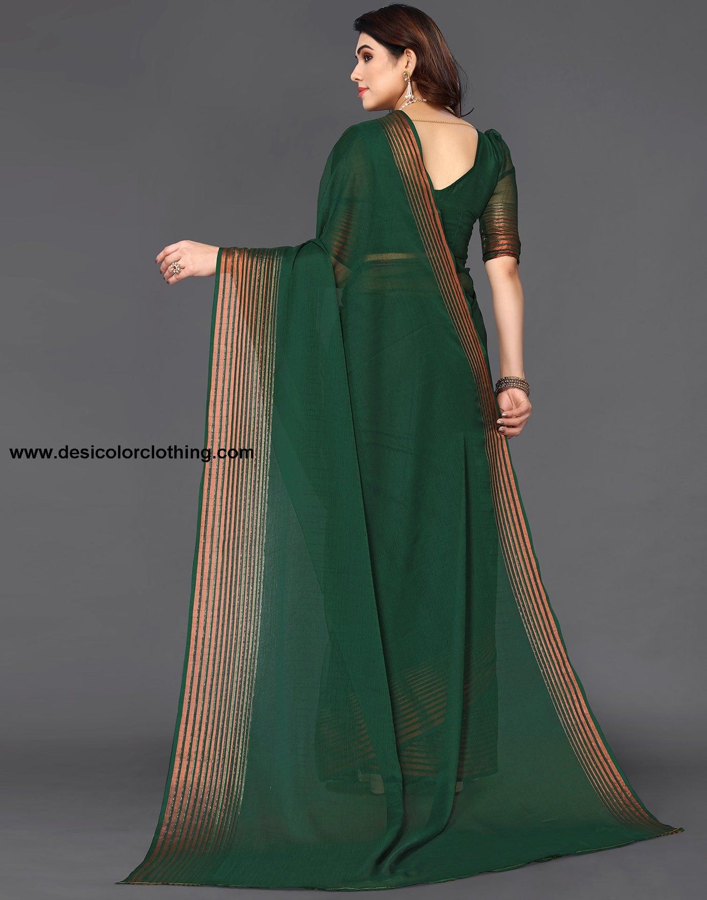 Dark Green Chiffon Plain Saree