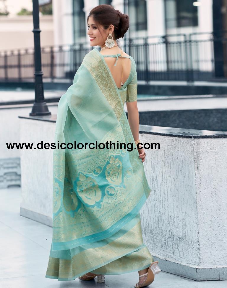 Blue Organza Woven Saree