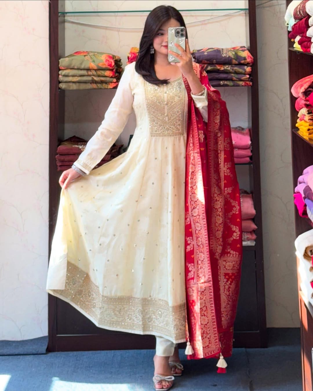 Product Image - Exquisite Anarkali Flared Silk Kurti Pant Dupatta Set