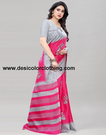 Pink Coloured Khadi Silk Printed Casual saree