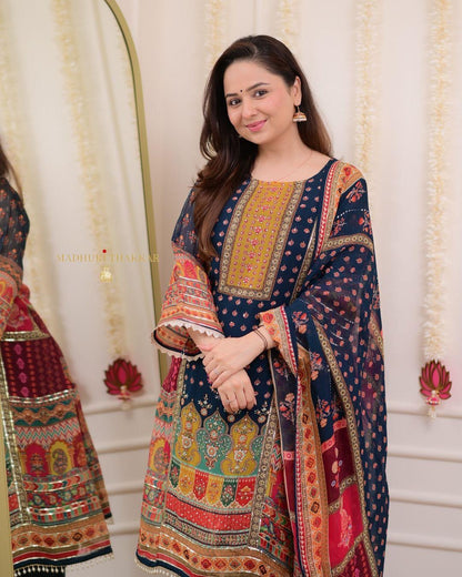 Product Image - Premium Chinnon Suit Set with Hand Embroidery and Digital Print Dupatta