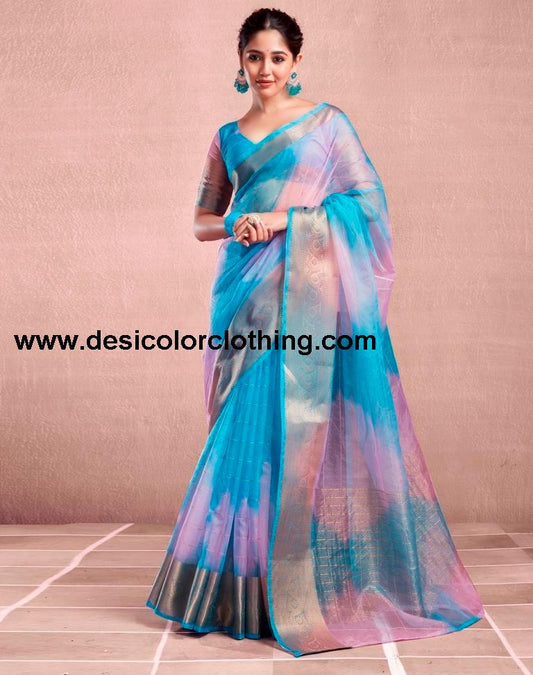Blue Orgenza Printed Saree