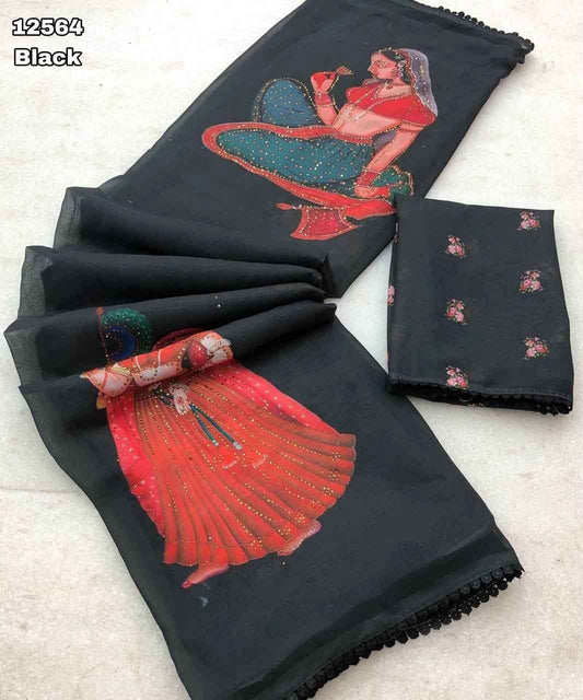 Product Image - Premium Designer Saree with Kalamkari Doll Print & Fancy Lace Border | Festive Wear