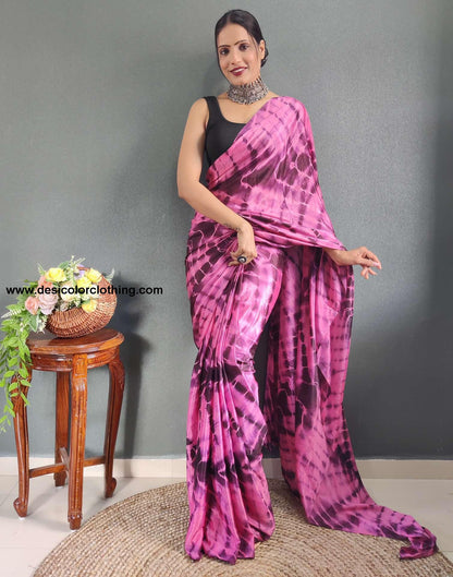 Pink Printed Silk Pre-draped Saree