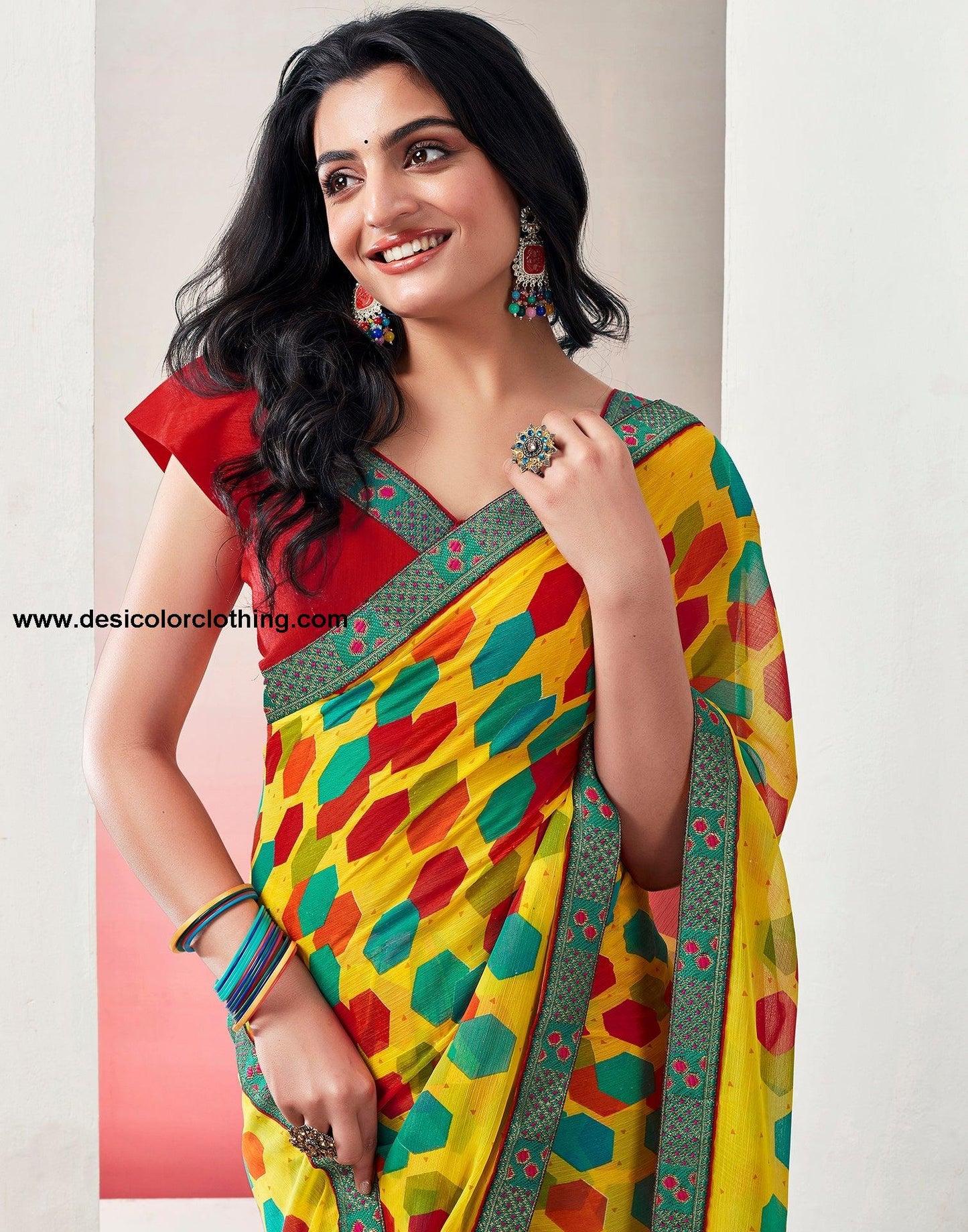 Yellow Chiffon Printed Saree