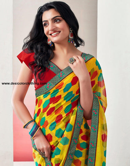 Yellow Chiffon Printed Saree