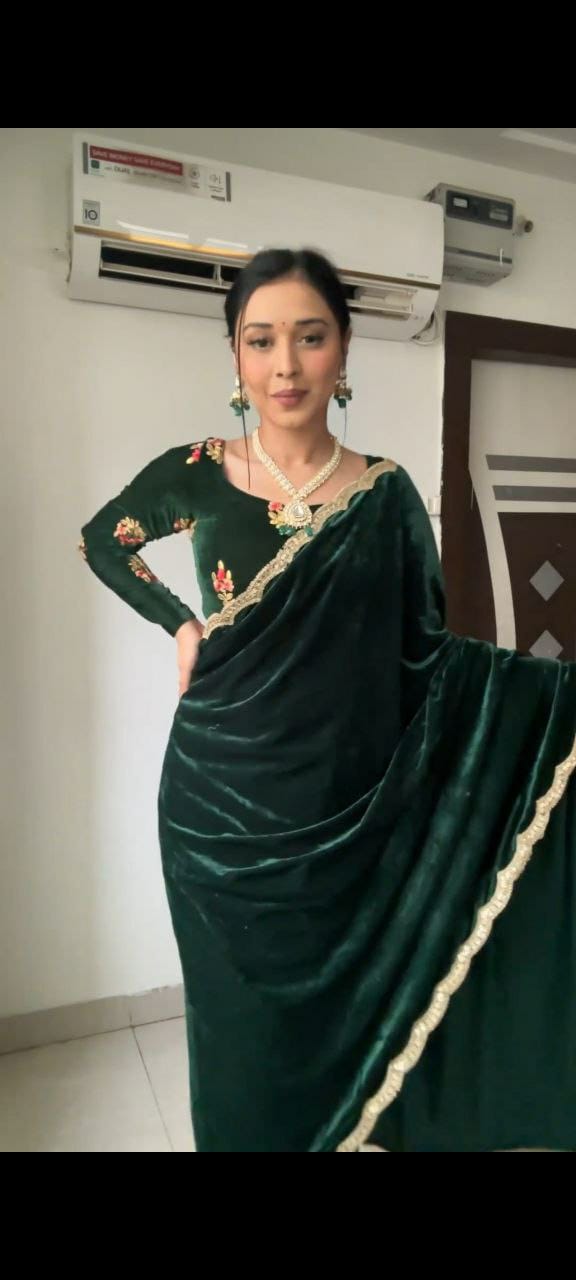 Product Image - Exquisite Ready-to-Wear Velvet Designer Saree with Embroidery and Sequins