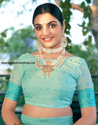 Turquoise Jacquard Linen Saree