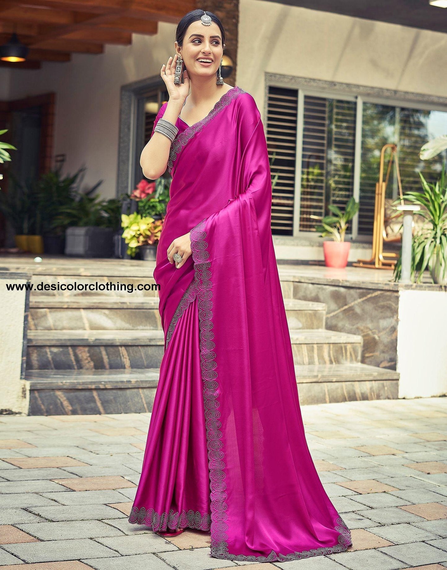 Pink Plain Silk Saree