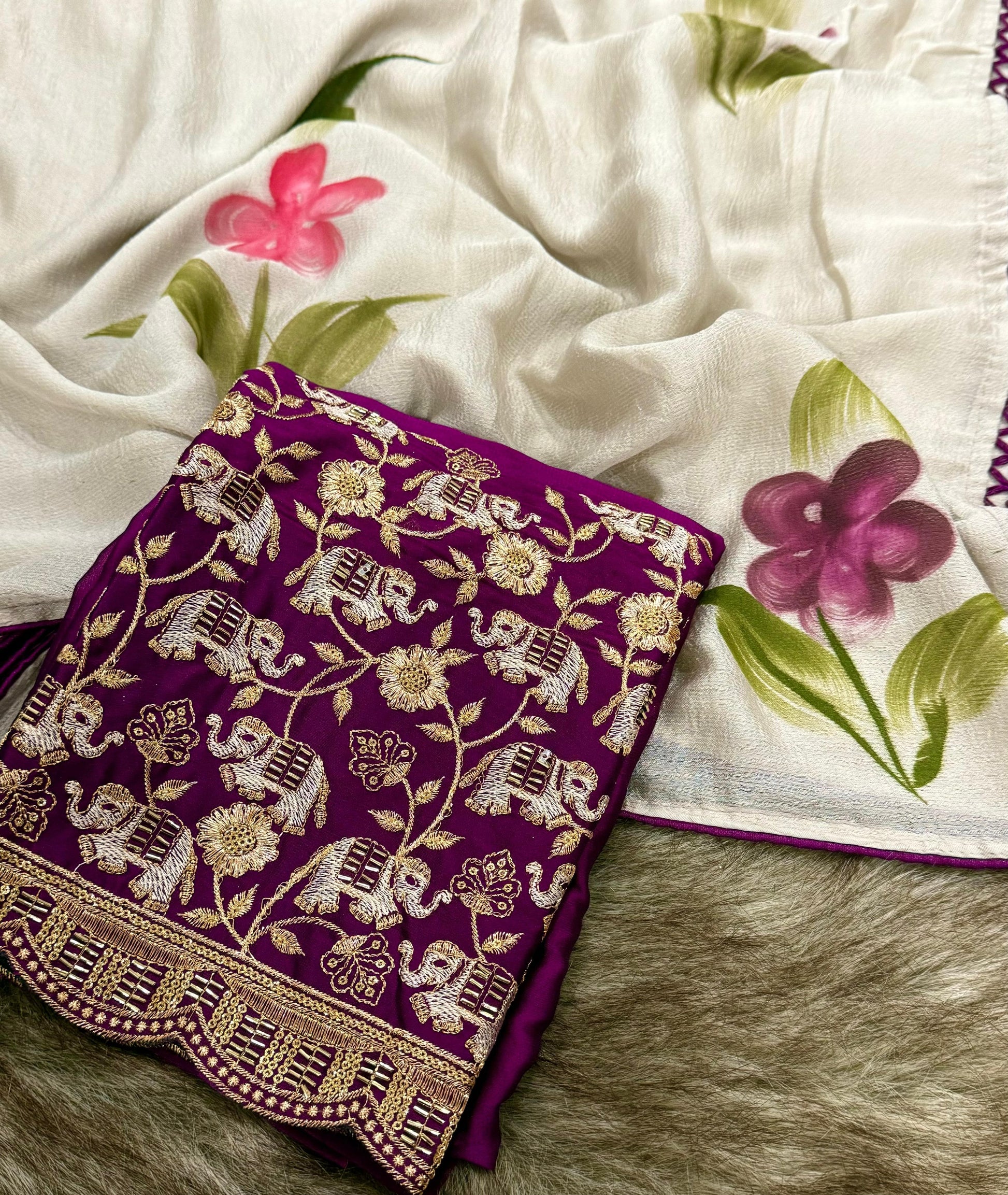 Product Image - Mahek Designer Saree - Kiwi Crush Fabric with Brush Paint & Handwork Blouse